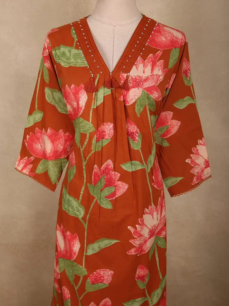 Rust Orange Floral Printed Design Cotton Salwar Suit With Dupatta 5