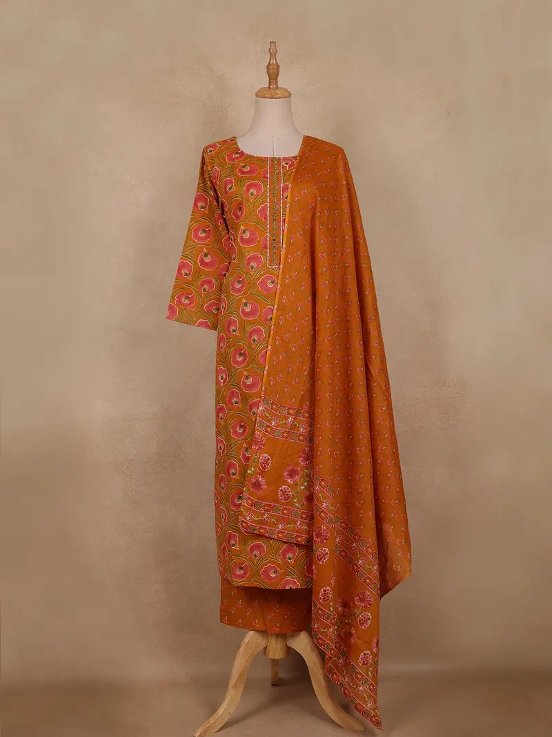 Rust Orange Floral Printed Design Cotton Straight Cut Salwar Suit 1