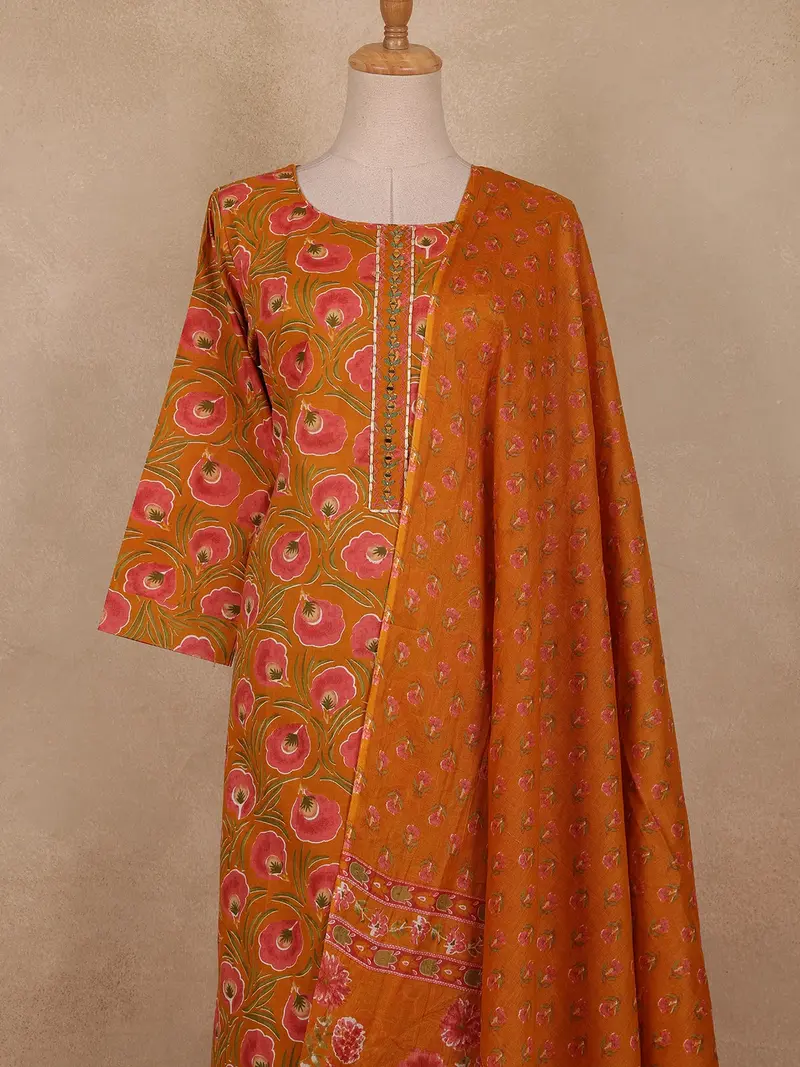 Rust Orange Floral Printed Design Cotton Straight Cut Salwar Suit 2
