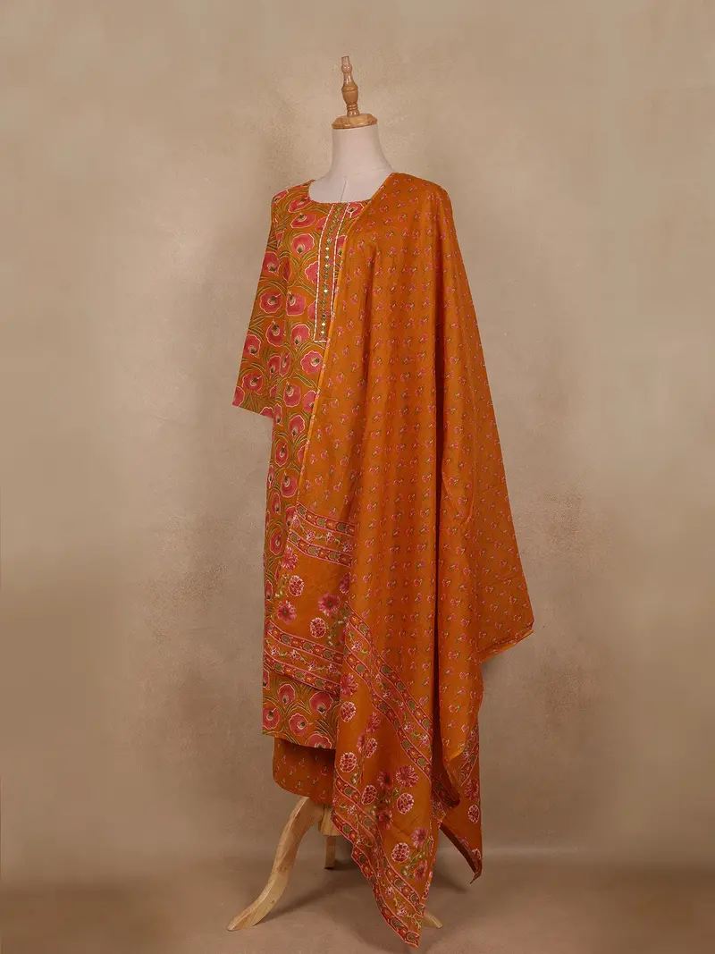 Rust Orange Floral Printed Design Cotton Straight Cut Salwar Suit 3