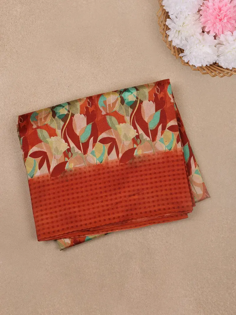 Rust Orange Floral Prints Fancy Cotton Saree 1