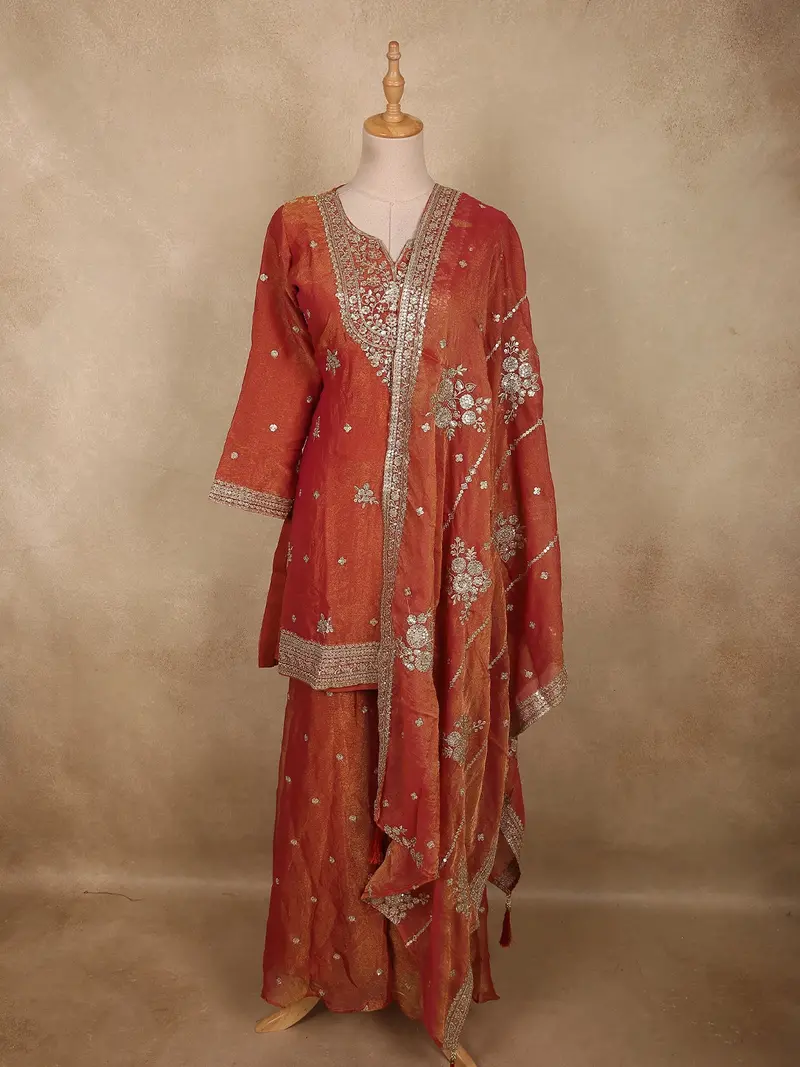 Rust Orange Floral Sequins And Zari Embroidered Design Tissue Organza Sharara Suit With Dupatta 1