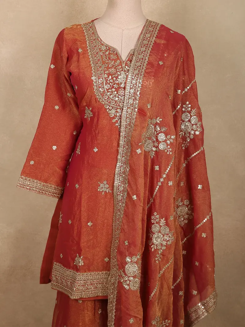 Rust Orange Floral Sequins And Zari Embroidered Design Tissue Organza Sharara Suit With Dupatta 2