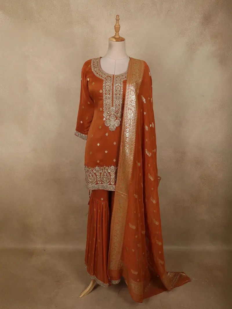 Rust Orange Floral Sequins Embroidered Design Georgette Sharara Suit With Dupatta 1