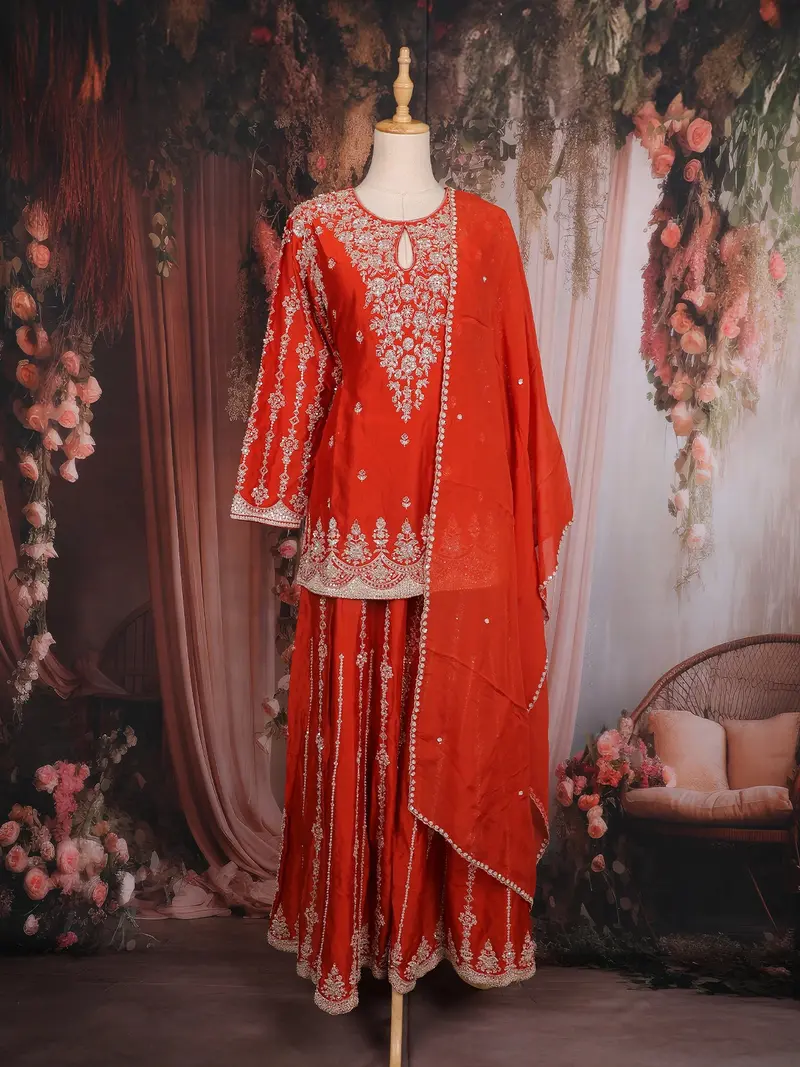 Rust Orange Floral Thread Embroidered Design Raw Silk Palazzo Suit 1