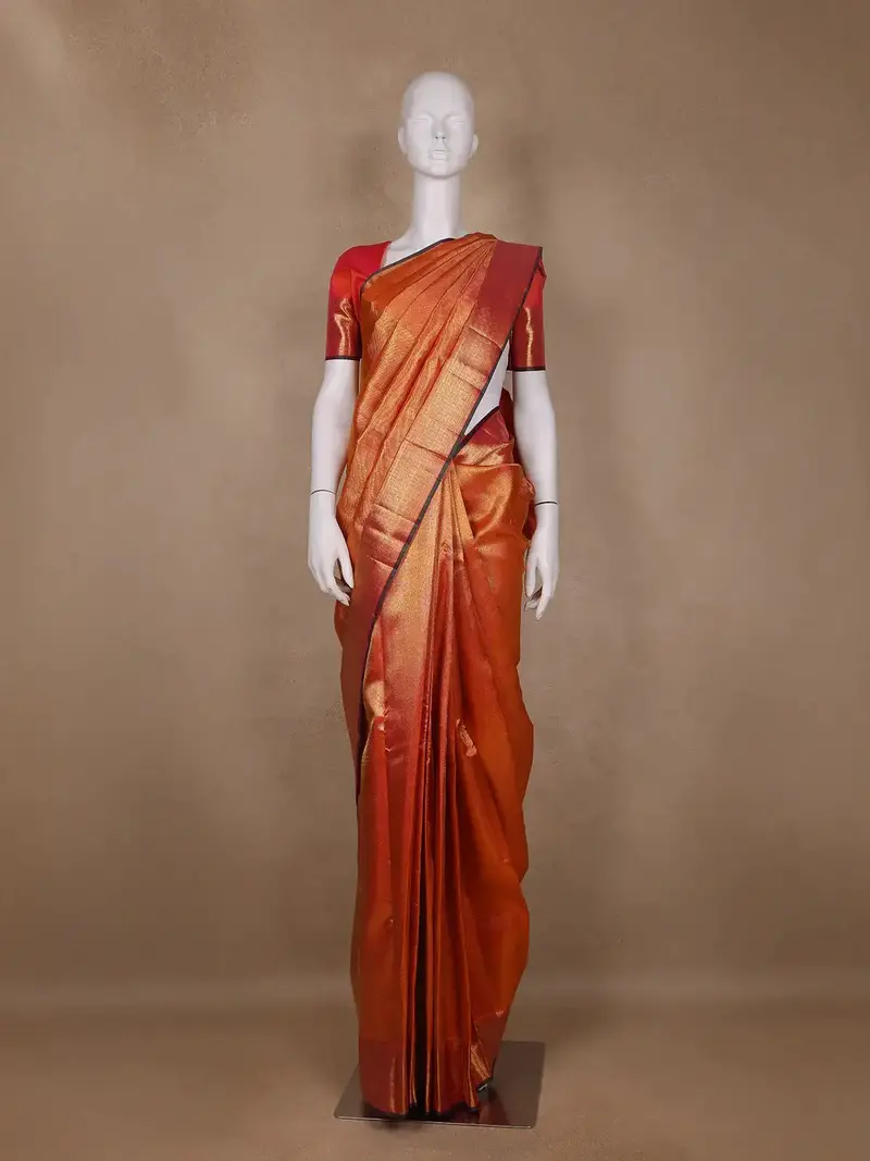 Rust Orange Floral Woven Motifs Pure Kanchipuram Silk Saree 1
