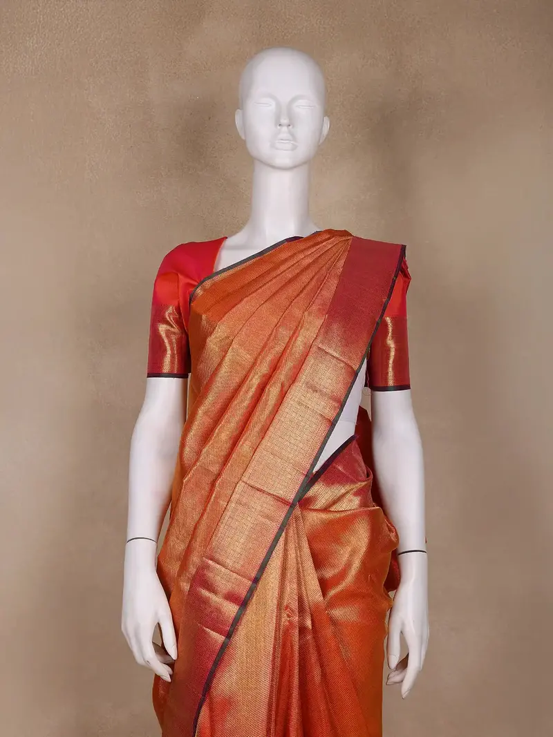 Rust Orange Floral Woven Motifs Pure Kanchipuram Silk Saree 2