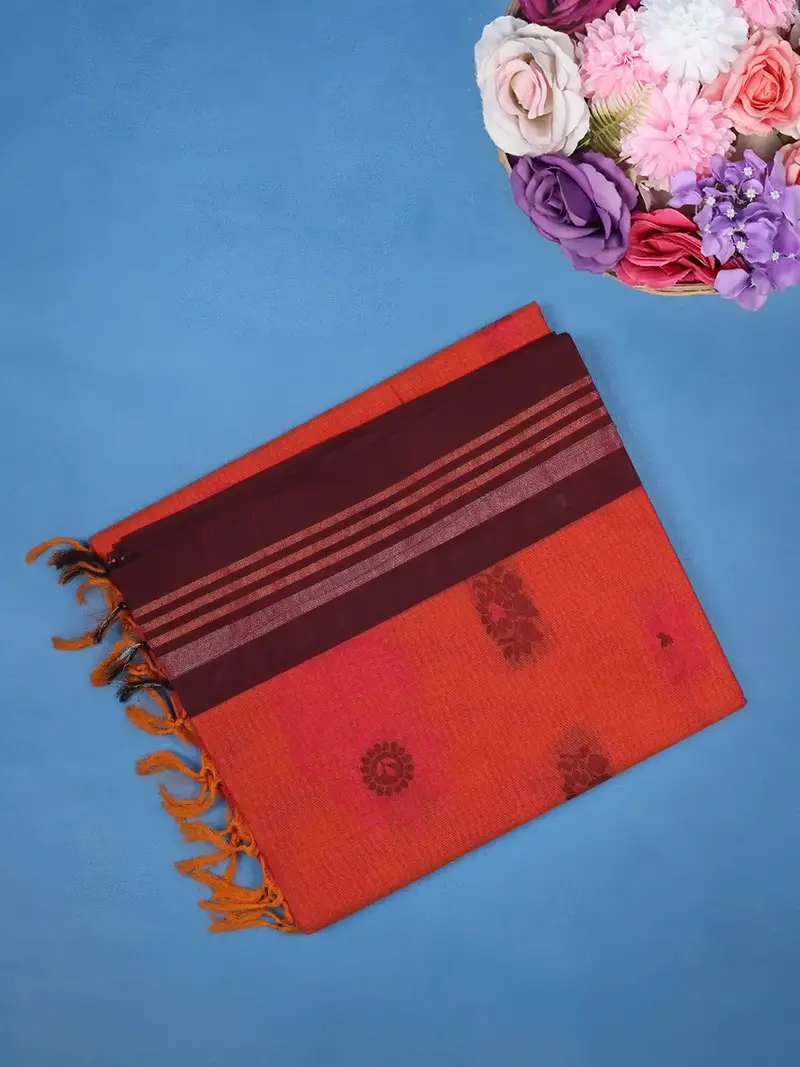 Rust Orange Floral Woven Saree With Contrast Border 1