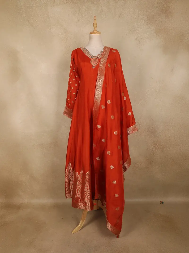 Rust Orange Floral Zari Woven Design Cotton Anarkali Salwar Suit With Dupatta 1