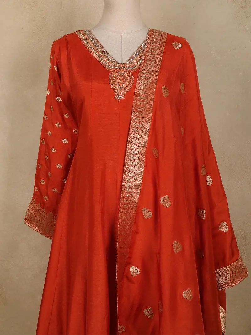 Rust Orange Floral Zari Woven Design Cotton Anarkali Salwar Suit With Dupatta 2