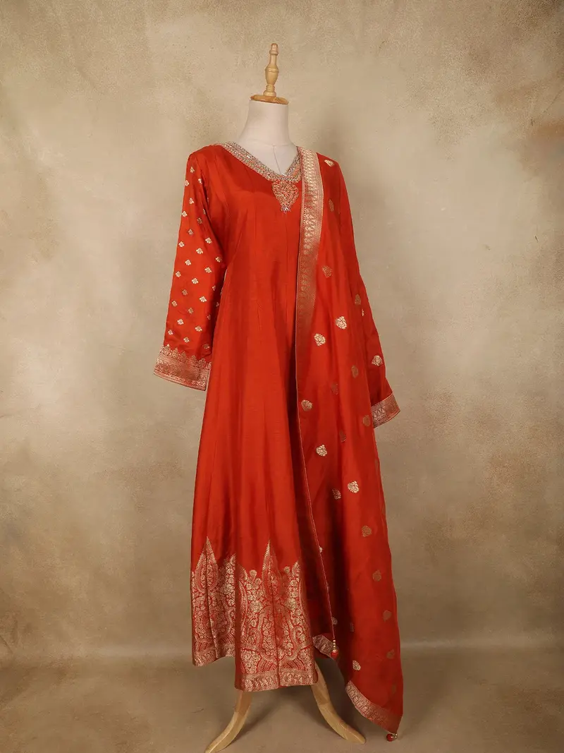 Rust Orange Floral Zari Woven Design Cotton Anarkali Salwar Suit With Dupatta 3