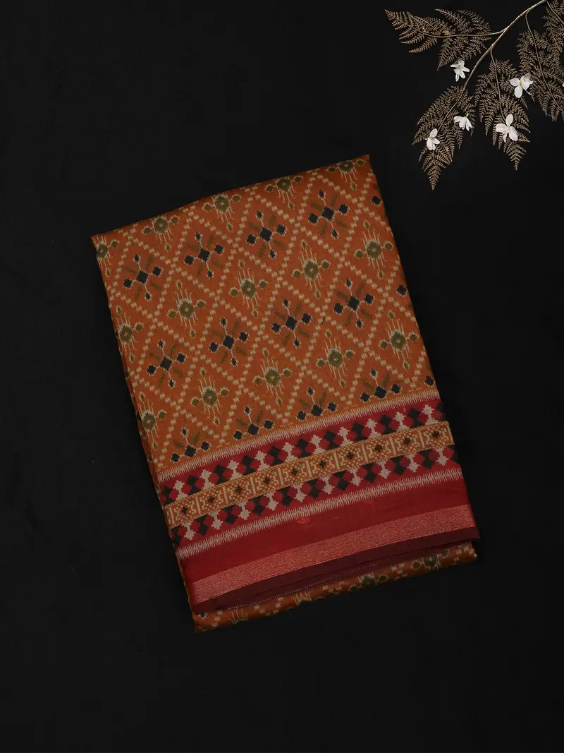 Rust Orange Geometric Printed Design Blended Cotton Saree With Contrast Border 1