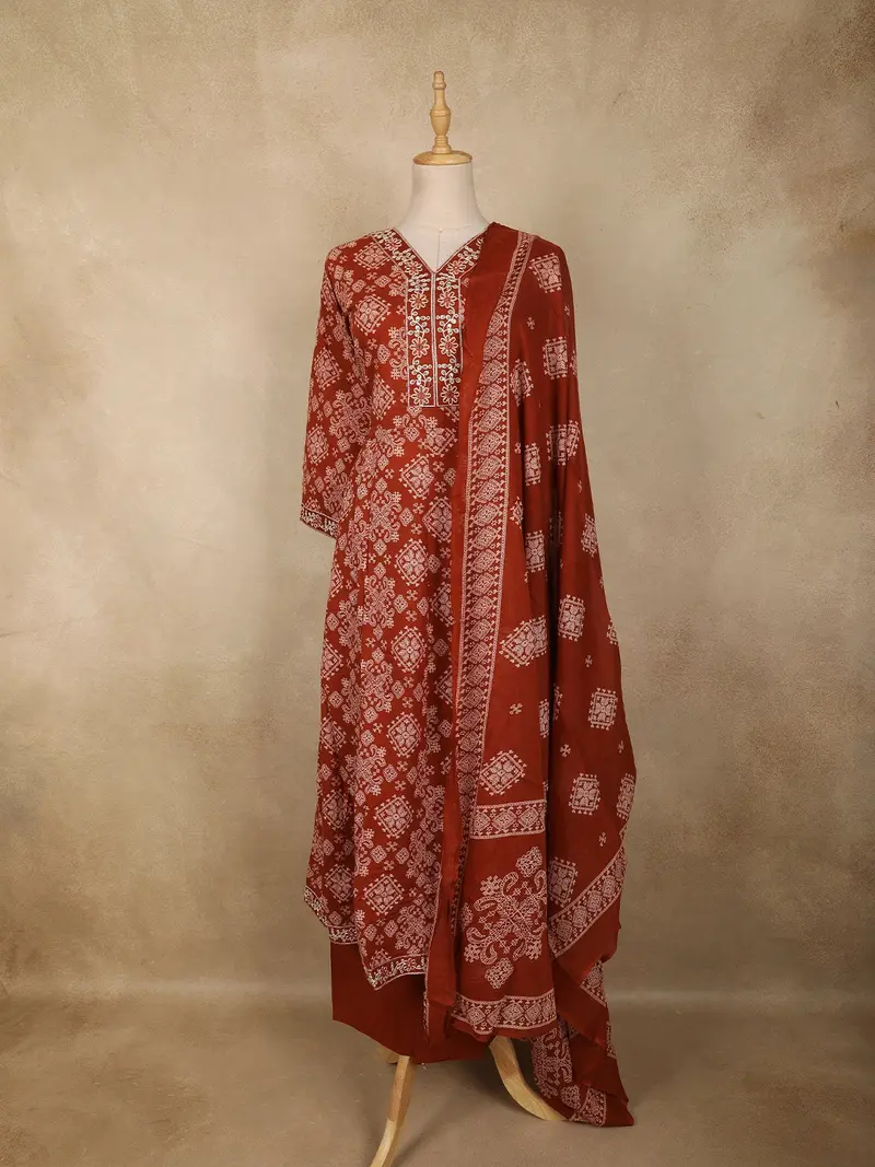 Rust Orange Geometric Printed Design Cotton Anarkali Salwar Suit With Dupatta 1