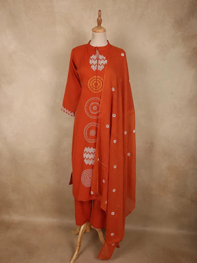 Rust Orange Geometric Printed Design Cotton Salwar Suit With Dupatta 1