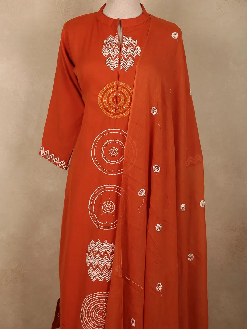 Rust Orange Geometric Printed Design Cotton Salwar Suit With Dupatta 2