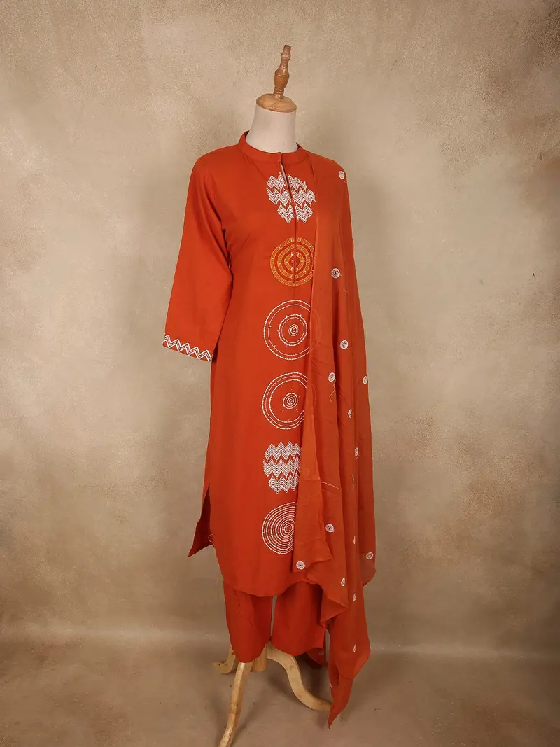 Rust Orange Geometric Printed Design Cotton Salwar Suit With Dupatta 3