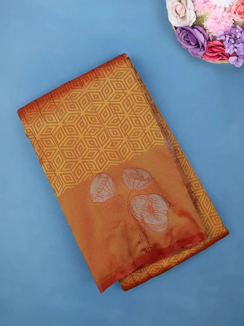 Rust Orange Geometric Woven Pattern With Floral Design Soft Silk Saree 1