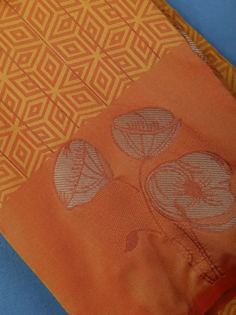 Rust Orange Geometric Woven Pattern With Floral Design Soft Silk Saree 2