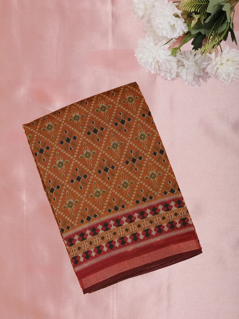 Rust Orange Ikat Printed Design Mixed Silk Cotton Saree With Contrast Border 1