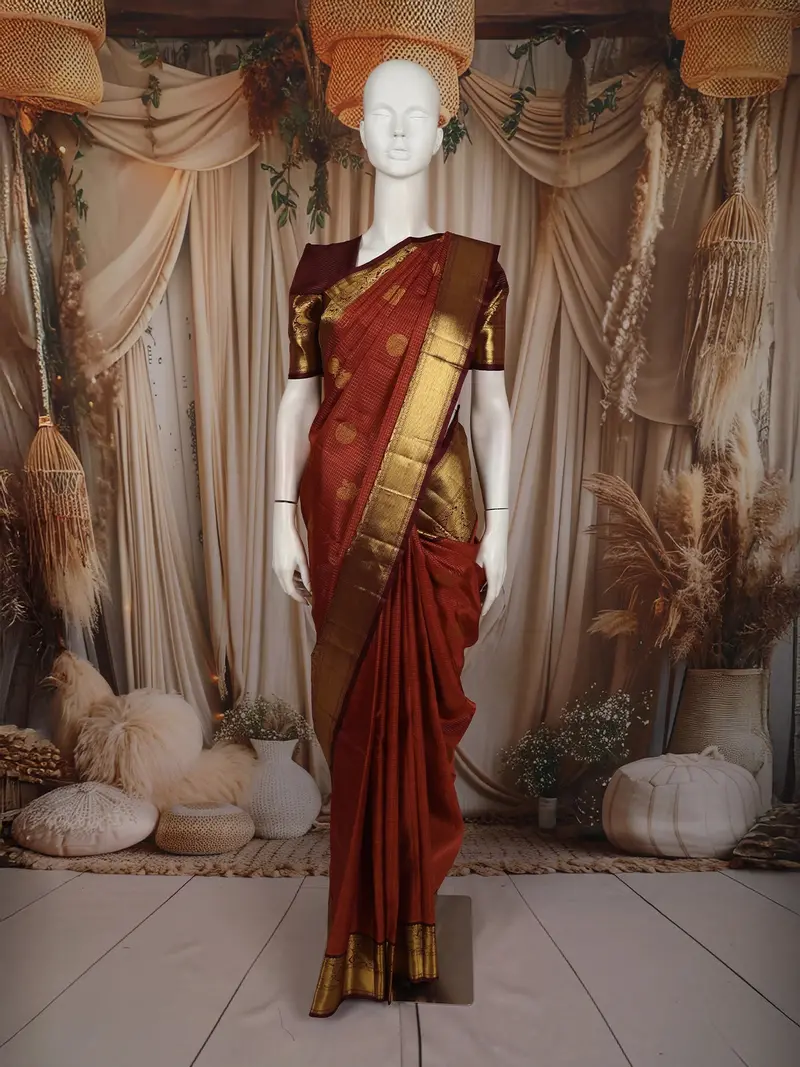 Rust Orange Mini Checked And Peacock Butta Zari Woven Design Pure Kanchipuram Silk Saree With Contrast Zari Border 1