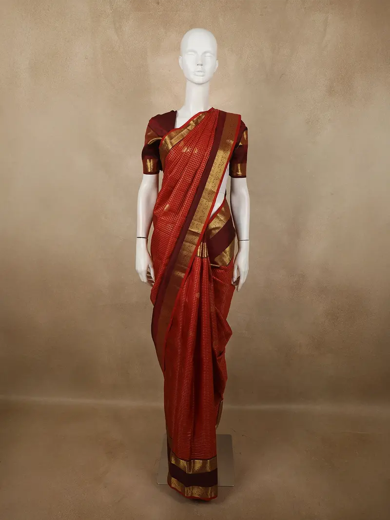 Rust Orange Mini Checked Zari Woven Design Pure Kanchipuram Silk Saree With Contrast Double Zari Border 1