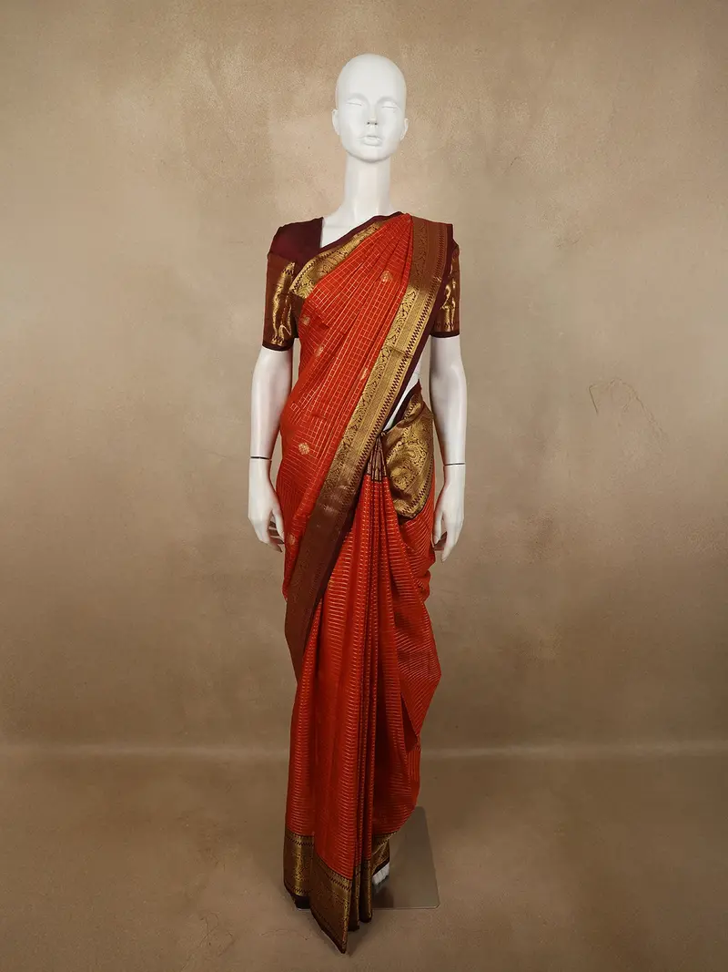 Rust Orange Mini Checked Zari Woven Design Pure Kanchipuram Silk Saree With Contrast Floral Zari Border 1