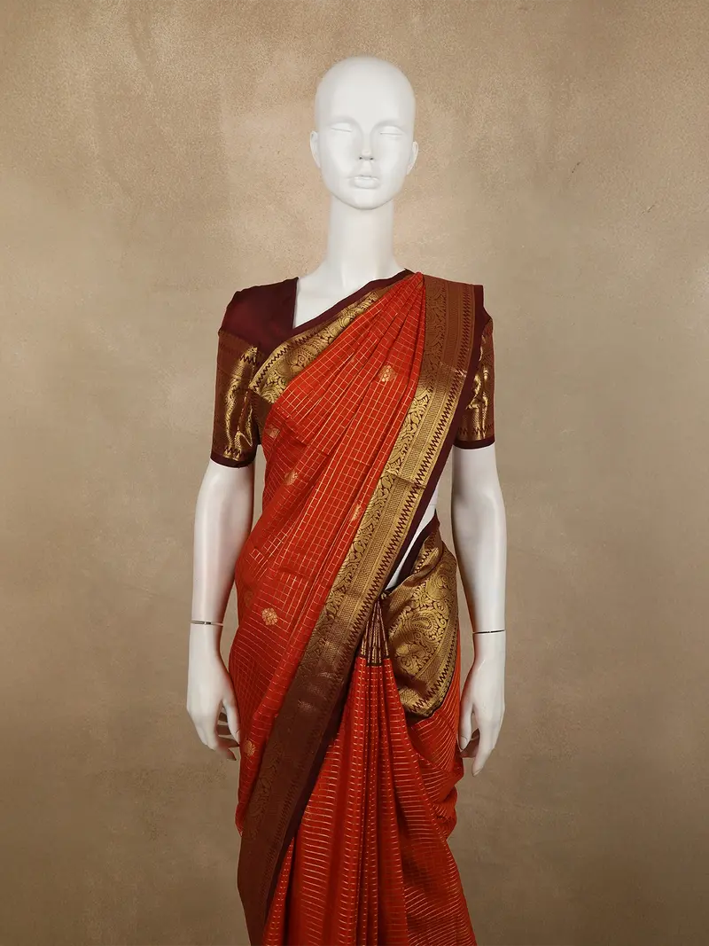 Rust Orange Mini Checked Zari Woven Design Pure Kanchipuram Silk Saree With Contrast Floral Zari Border 2