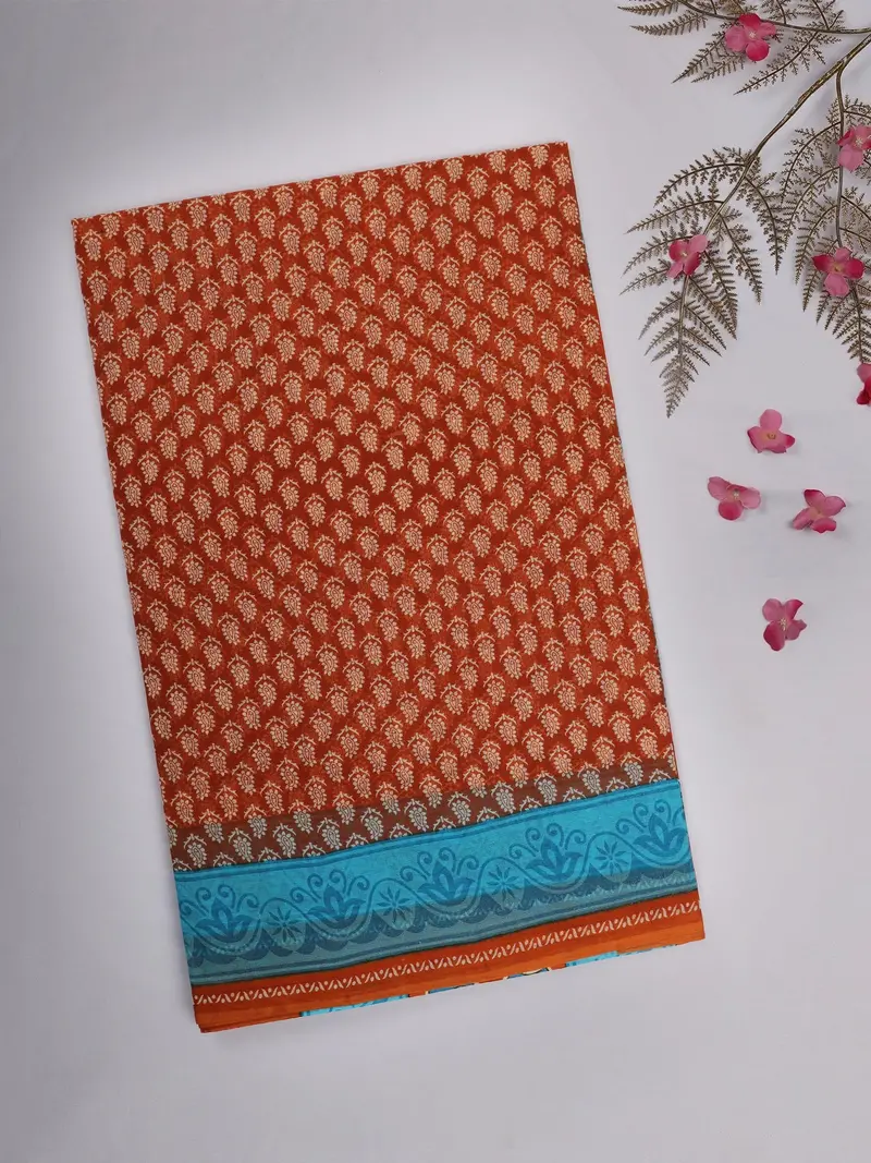 Rust Orange Paisley Printed Karishma Cotton Saree With Blue Ornamental Border 1