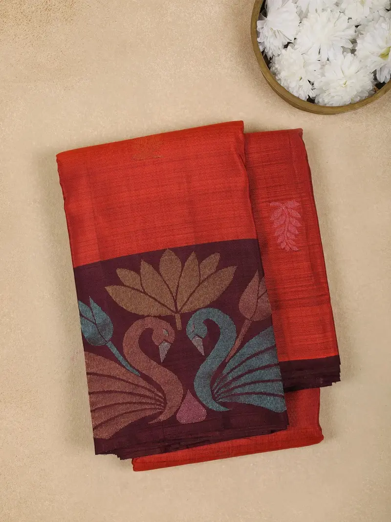 Rust Orange Peacock And Leaf Motif Pure Kanchipuram Silk Saree 1