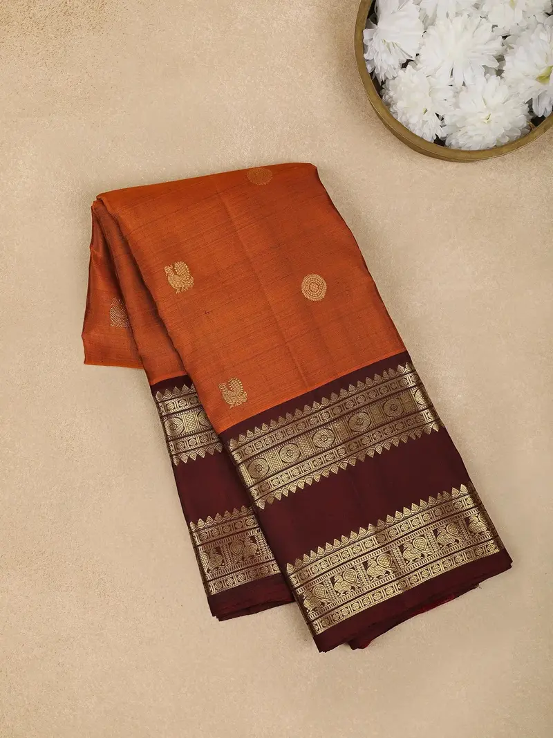 Rust Orange Peacock Woven Pure Kanchipuram Silk Saree 1