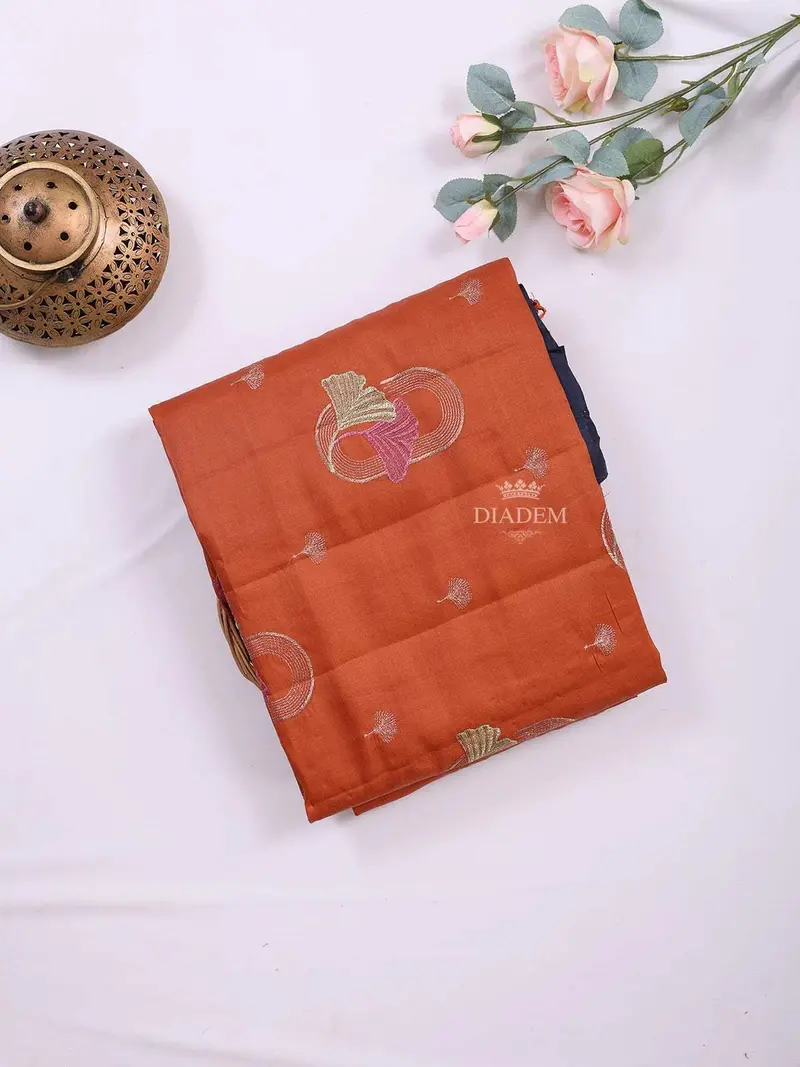 Rust Orange Semi Tussar Silk Saree With Leaf Motif On The Body And Without Border 1