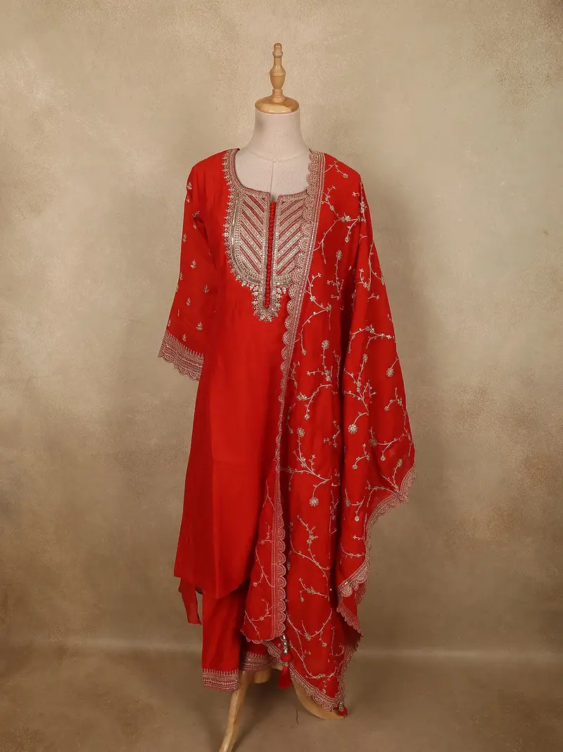 Rust Orange Sequins Embroidered Design Semi Silk Salwar Suit With Designer Dupatta 1