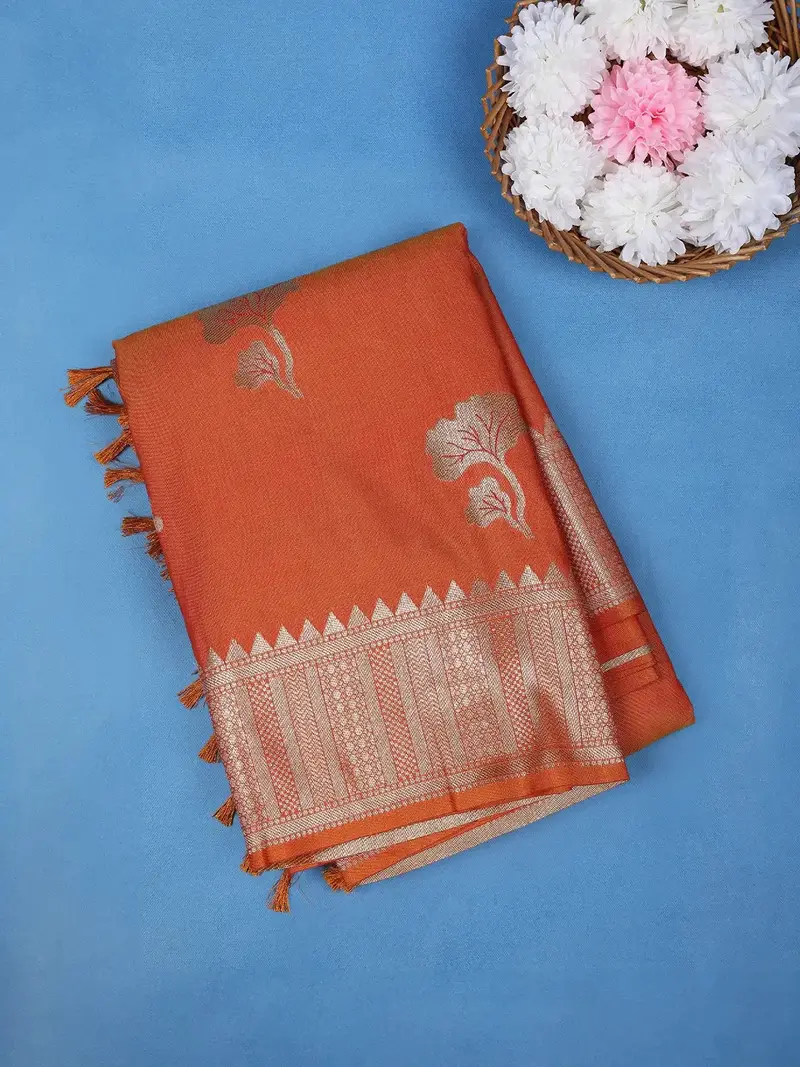 Rust Orange Silver Zari Woven Banarasi Silk Saree 1
