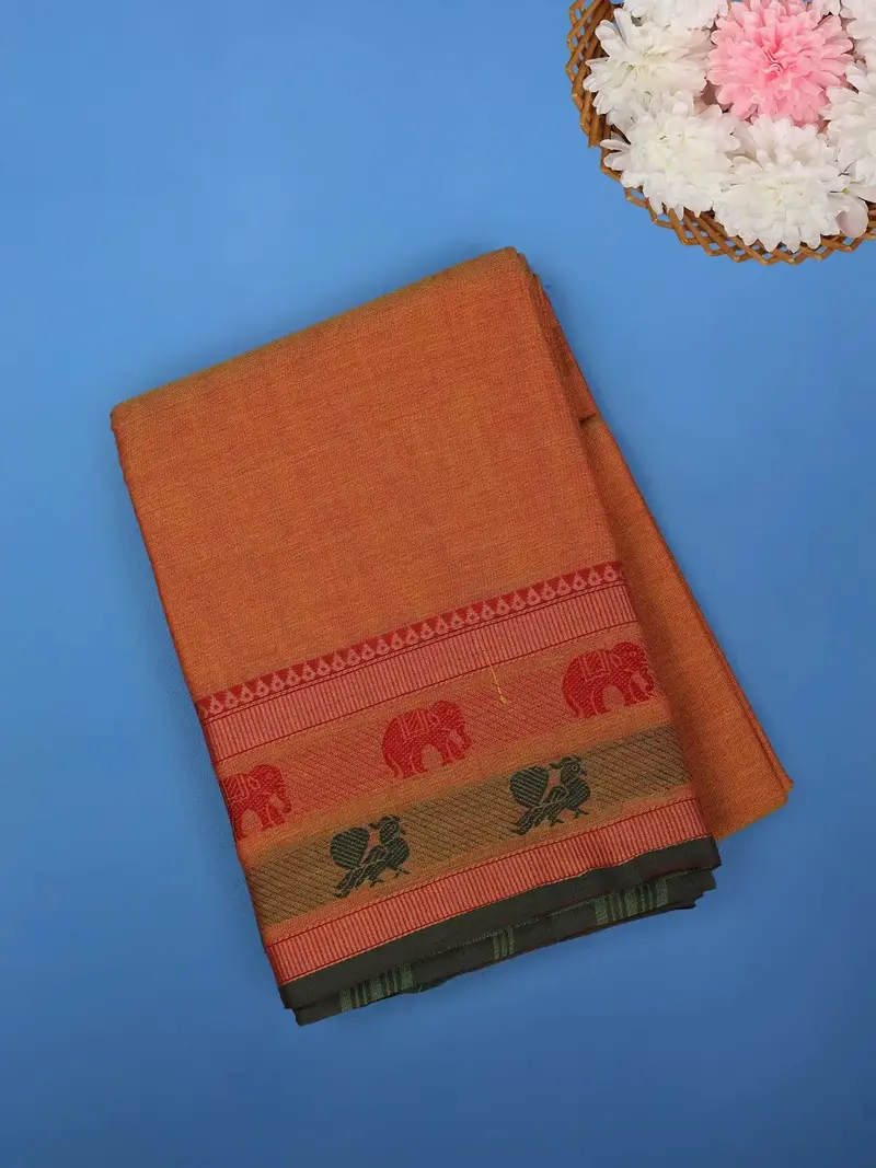 Rust Orange Solid Cotton Saree Print Border 1