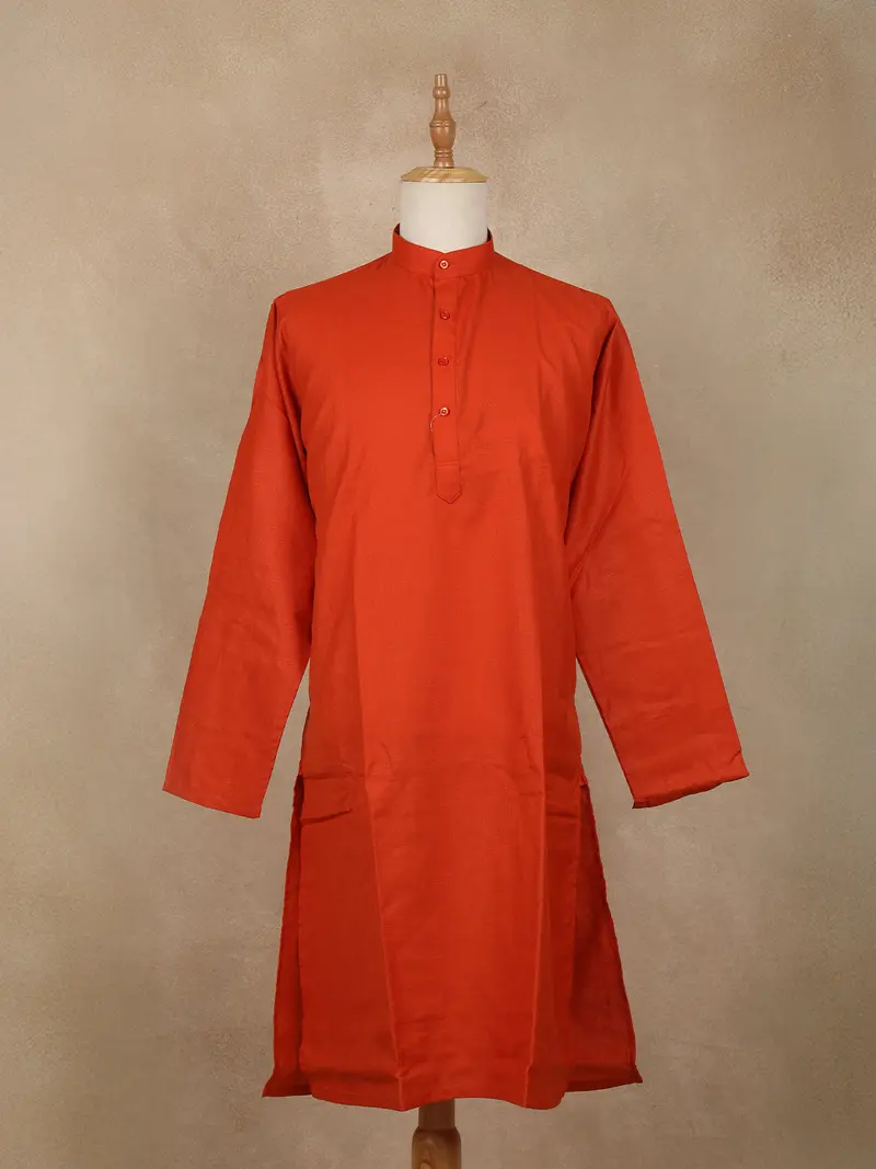 Rust Orange Solid Design Cotton Men’S Kurta 1