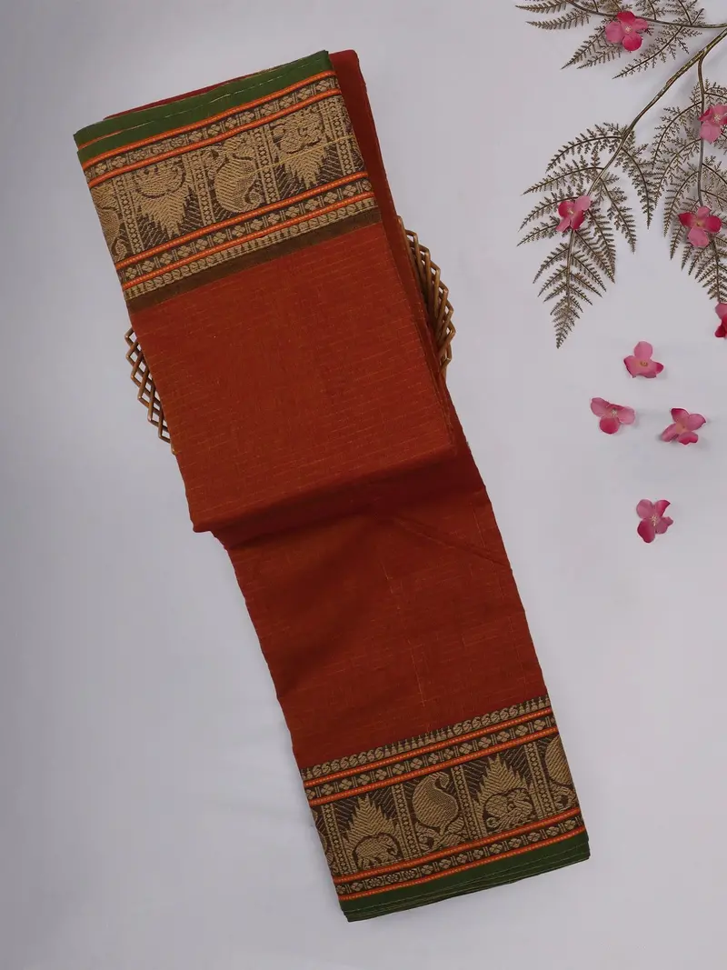 Rust Orange Solid Design Cotton Saree With Contrast Zari Border 1