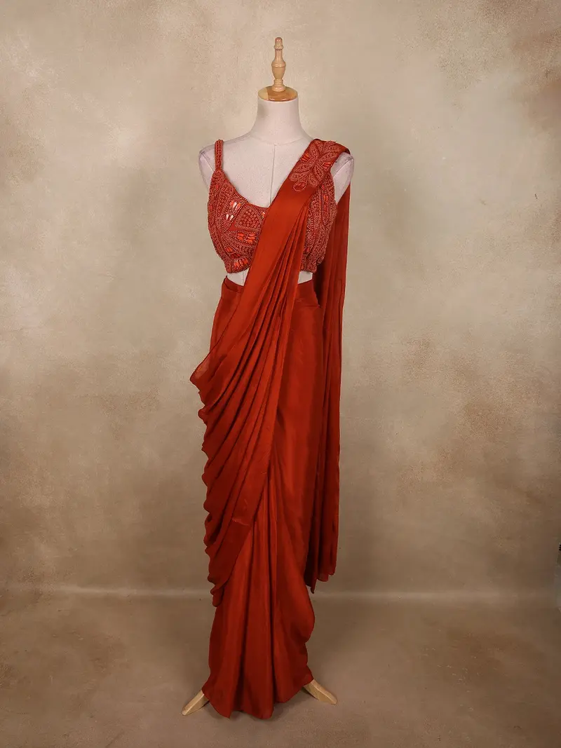 Rust Orange Solid Design Satin Ready To Wear Saree With Designer Blouse 1