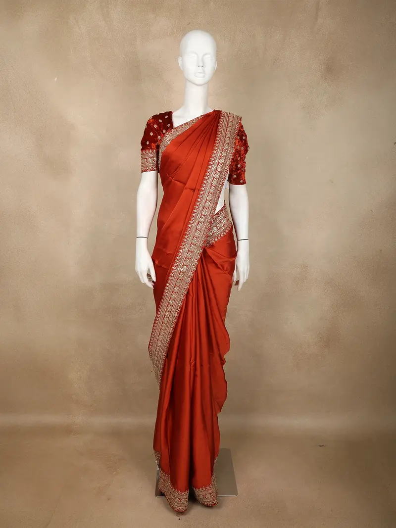 Rust Orange Solid Design Satin Saree With Embellished Lace Border 1