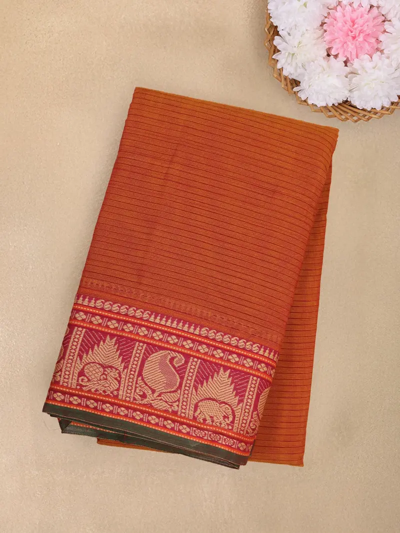 Rust Orange Striped Design Cotton Saree With Zari Border 1