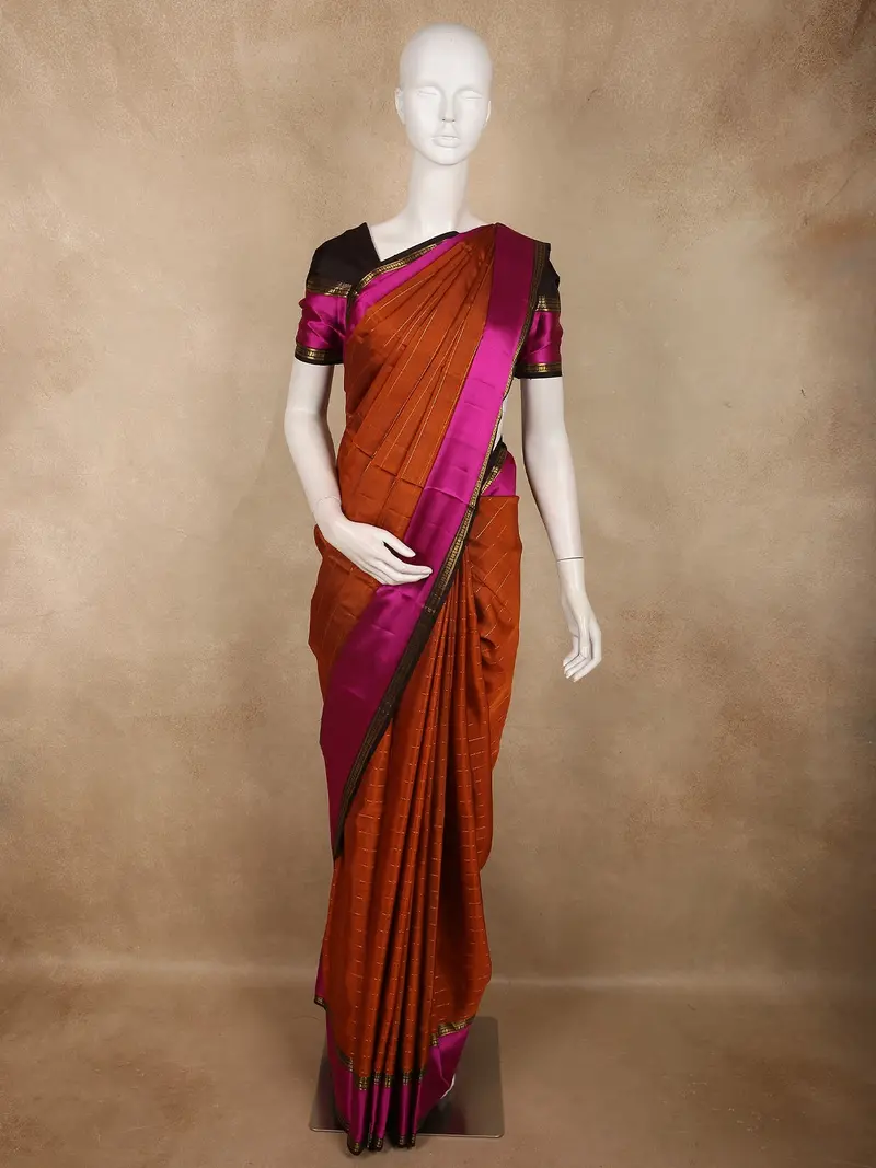 Rust Orange Striped Zari Woven Design Pure Kanchipuram Silk Saree With Contrast Pink Border 1