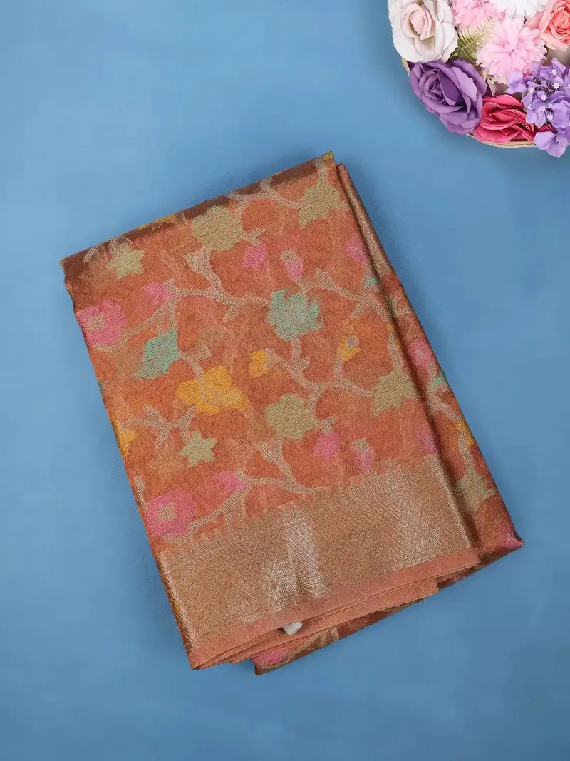 Rust Orangefloral Design Woven Tissue Silk Saree 1
