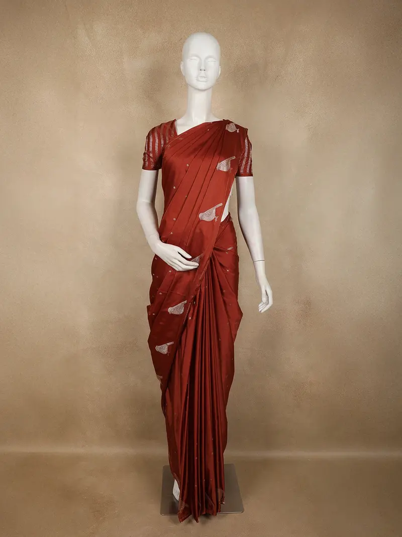 Rust Red Butta Zari Woven Design Pure Banarasi Silk Saree With Birds Motif Border 1