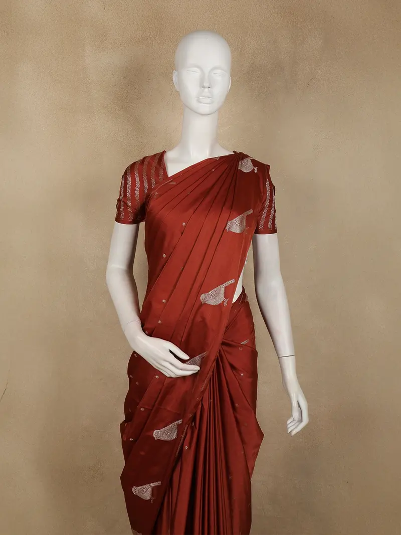 Rust Red Butta Zari Woven Design Pure Banarasi Silk Saree With Birds Motif Border 2