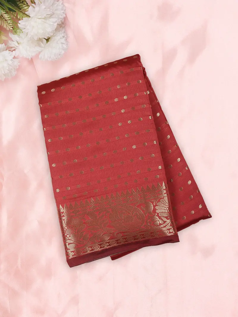 Rust Red Butta Zari Woven Design Semi Silk Saree With Floral Border 1