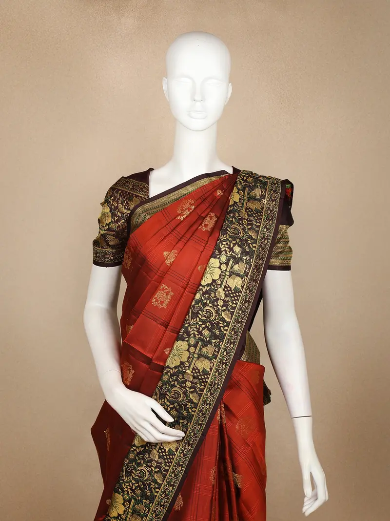 Rust Red Checked Woven Pure Kanchipuram Silk Saree With Contrast Zari Border 2