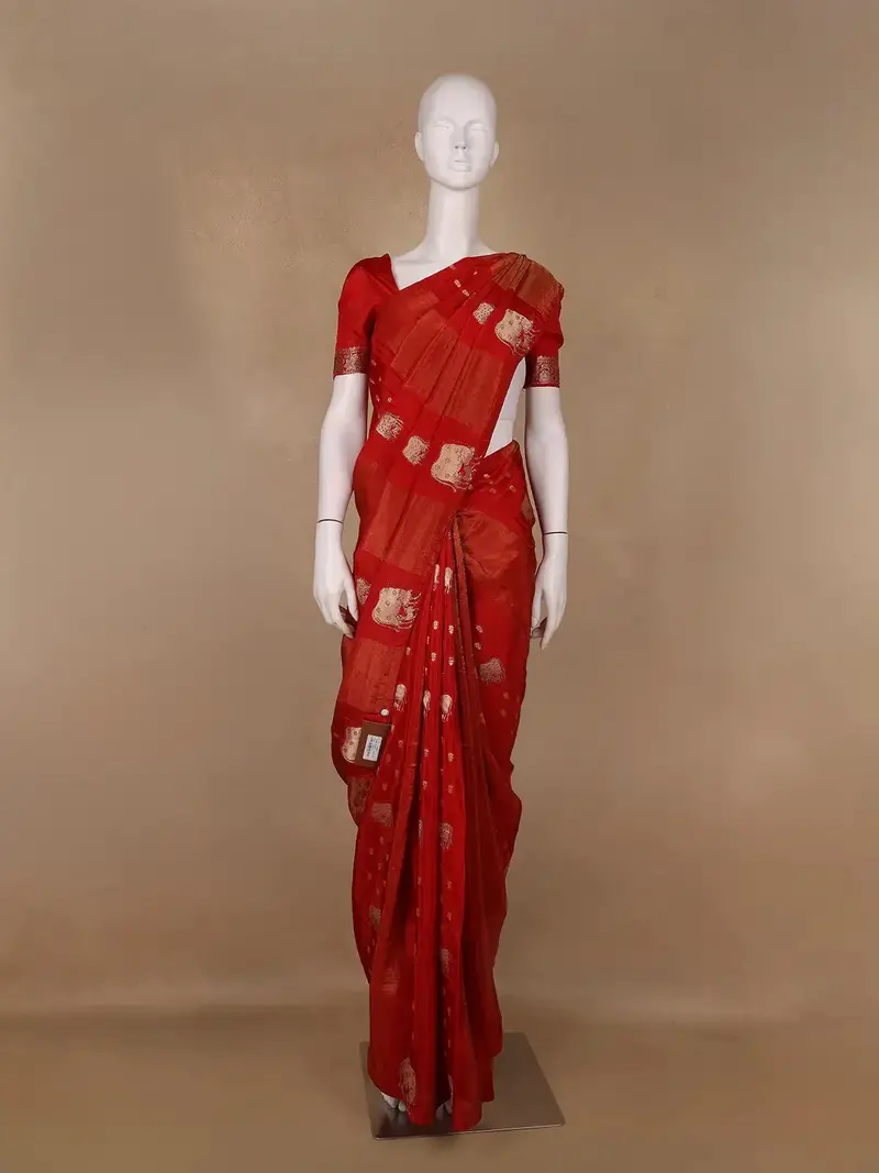 Rust Red Cow And Calf Motif Embroidered Georgette Saree 1