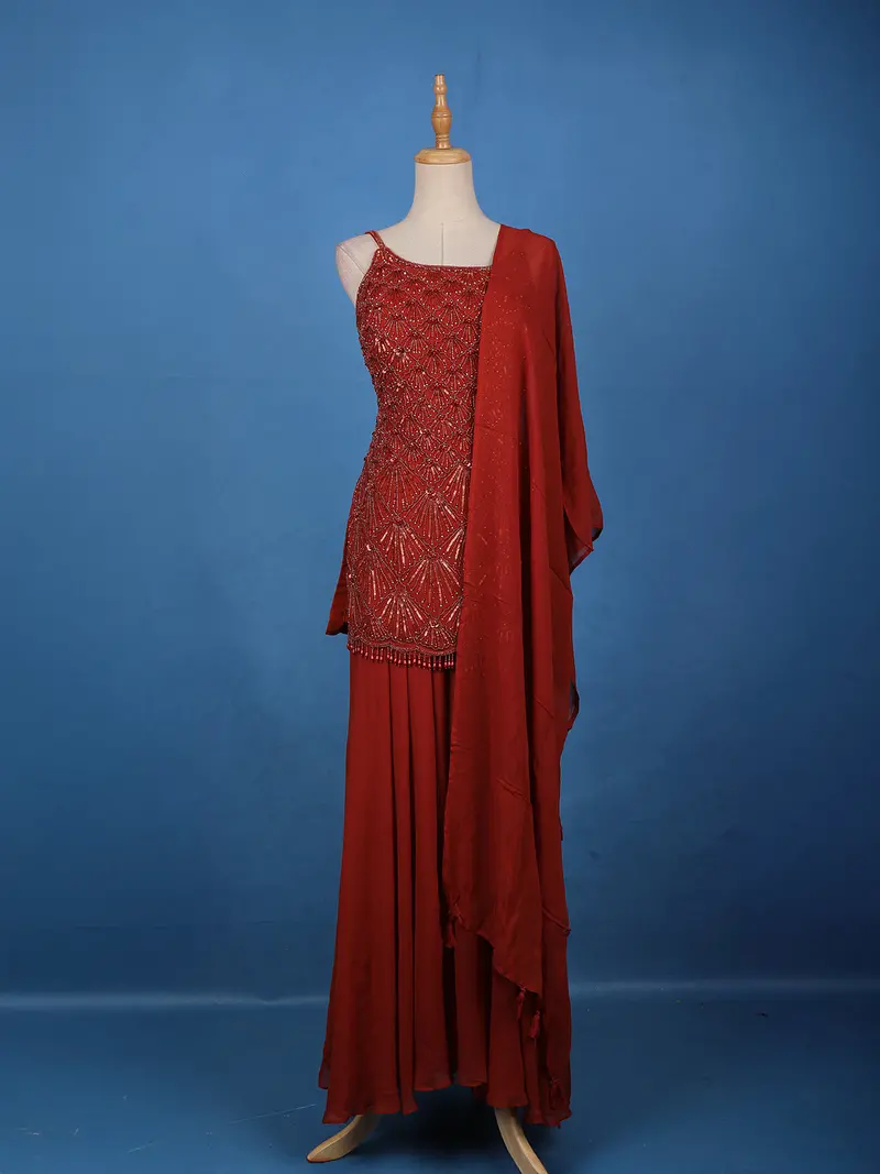 Rust Red Embroidered Design Georgette Palazzo Suit 1
