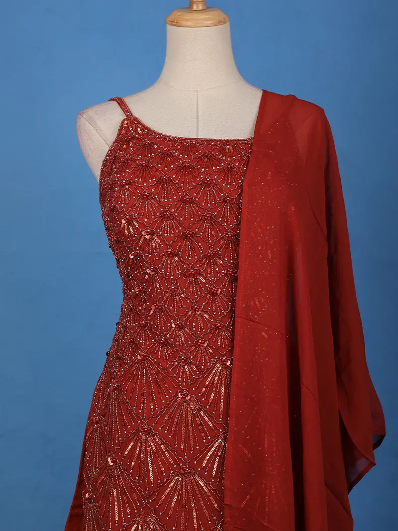 Rust Red Embroidered Design Georgette Palazzo Suit 2