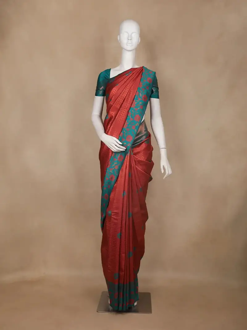 Rust Red Floral Design Semi Silk Saree 1
