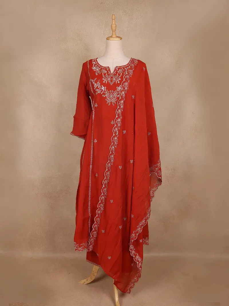 Rust Red Floral Embroidered Design Georgette Salwar Suit 1
